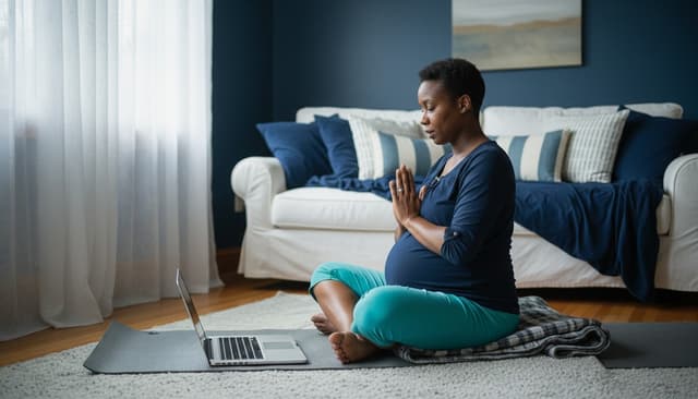 Pregnant woman practicing yoga at home